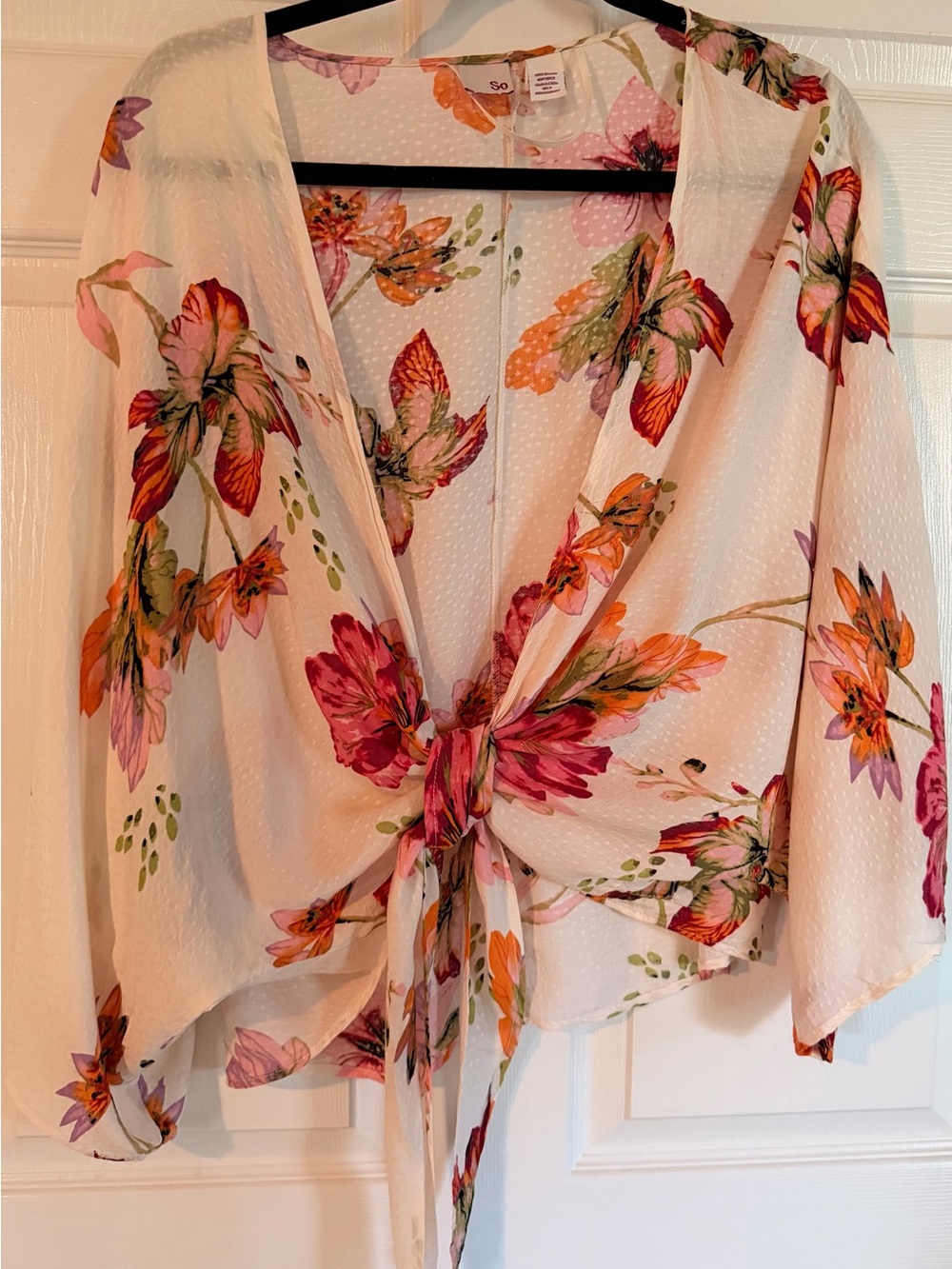 SO White Floral Tie-Front Jacket with Pink & Orange Flowers